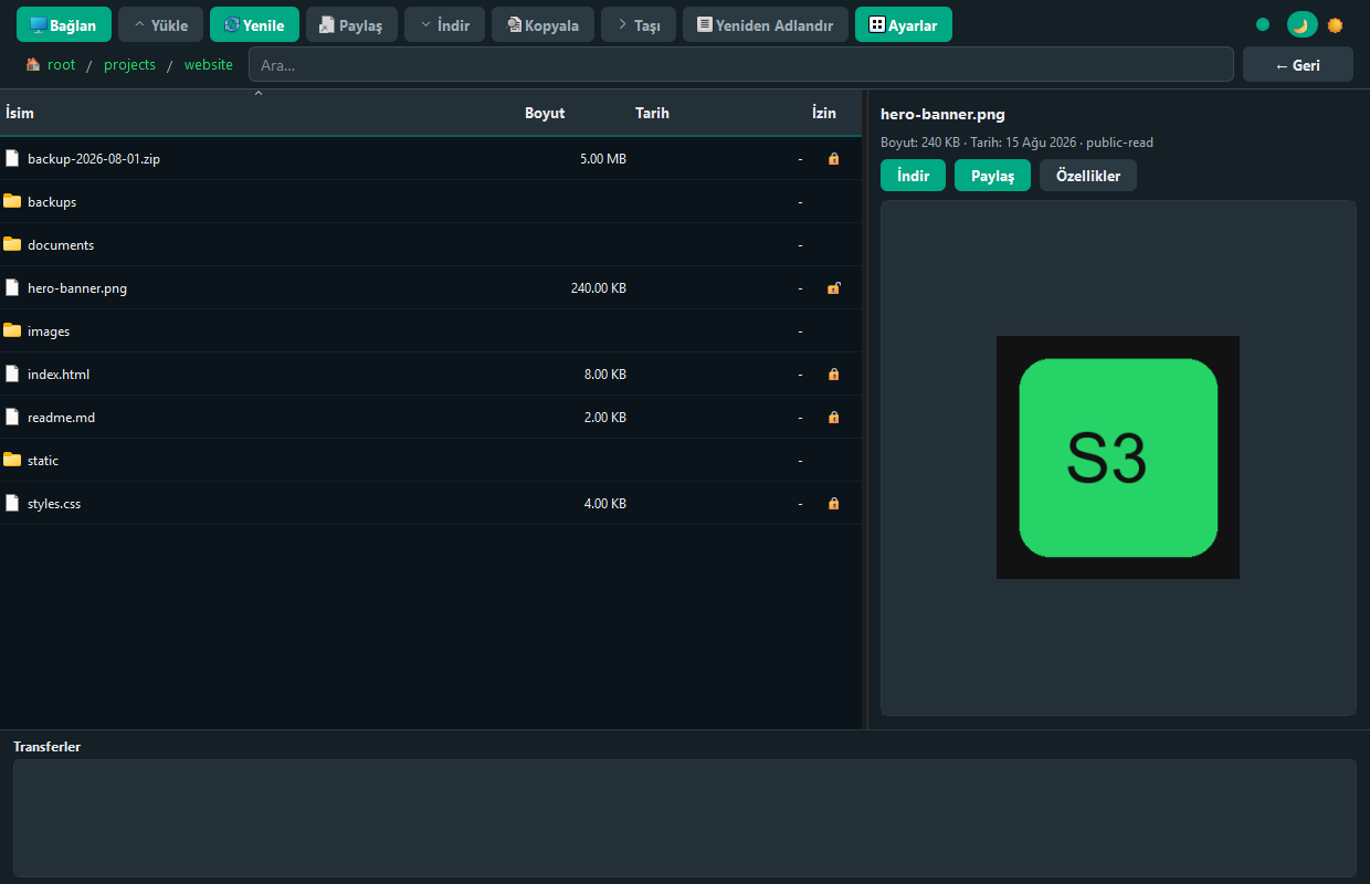S3MANAGER ana pencere — koyu tema dosya gezgini